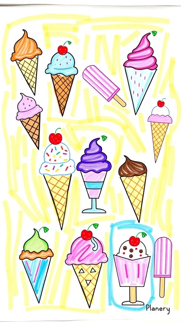 Colorful ice cream drawings by kids, featuring cones, sundaes, and popsicles.